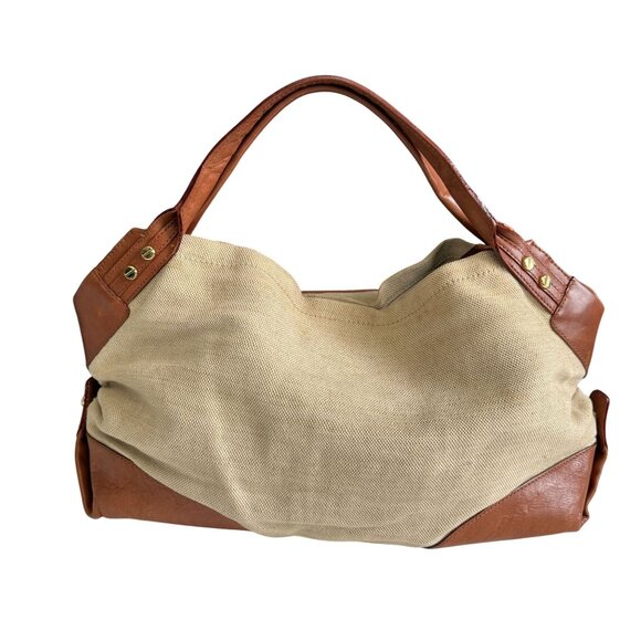 Vintage Tory Burch Canvas Leather Tote Bag Women's Beige Brown Gold-Tone Logo - Picture 9 of 16